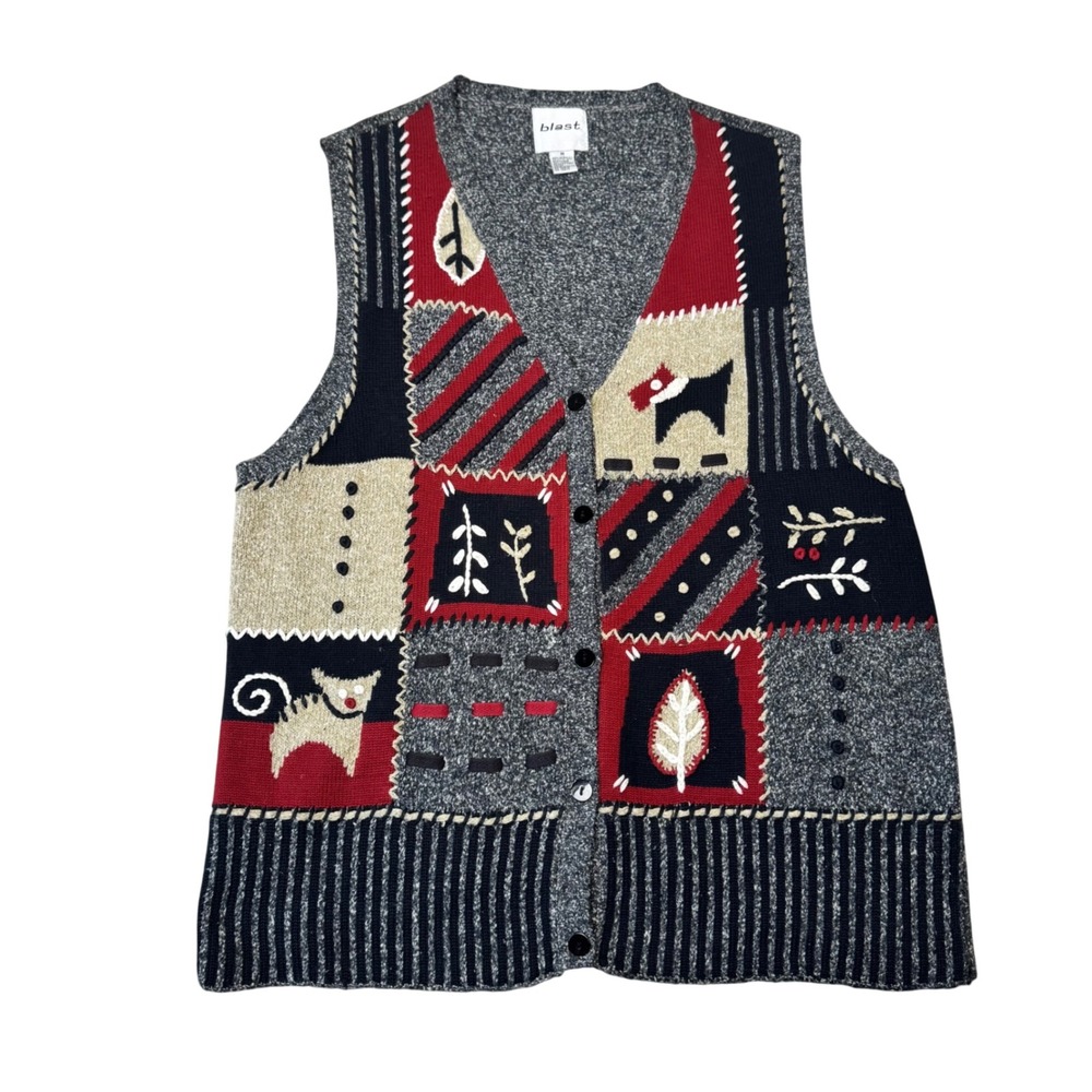 Vintage 90s Patchwork Knit Sweater Vest Folk Grannycore Artsy Size M